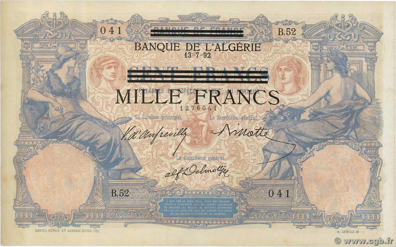 1000 Francs sur 100 Francs TUNISIE  1892 P.31 pr.SPL