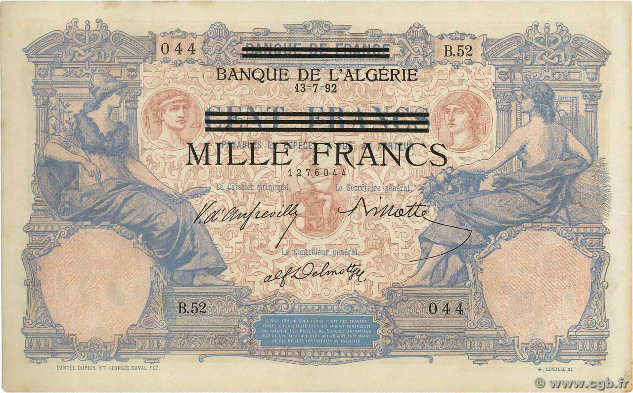 1000 Francs sur 100 Francs TUNESIEN  1892 P.31 VZ+