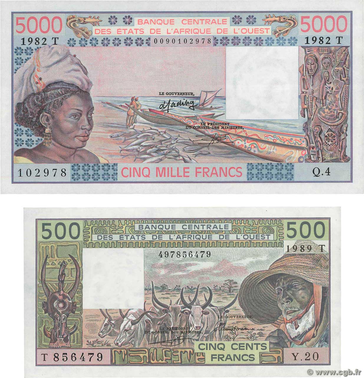 500 et 5000 Francs Lot ÉTATS DE L AFRIQUE DE L OUEST  1982 P.806Tk et P.808Tf SPL