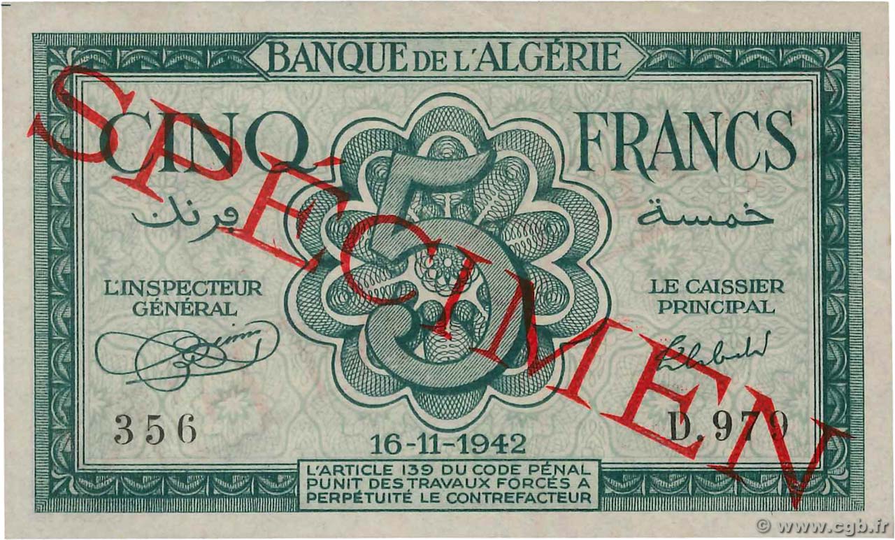 5 Francs Spécimen ALGÉRIE  1942 P.091s SUP+