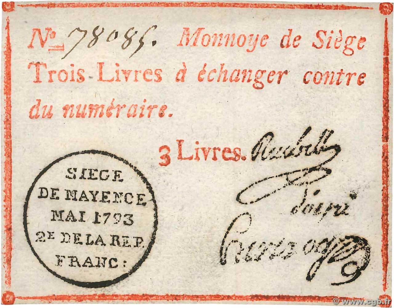 3 Livres FRANCE régionalisme et divers Mayence 1793 Kol.029 pr.NEUF