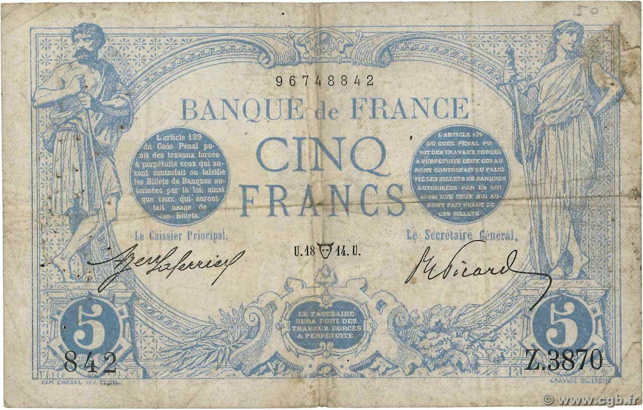 5 Francs BLEU FRANCE  1914 F.02.22 TB