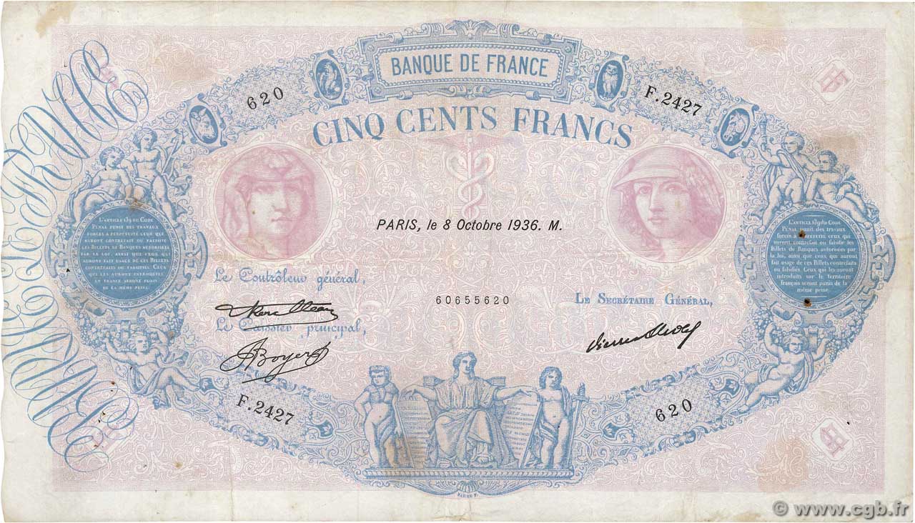 500 Francs BLEU ET ROSE FRANCE  1936 F.30.37 VF-