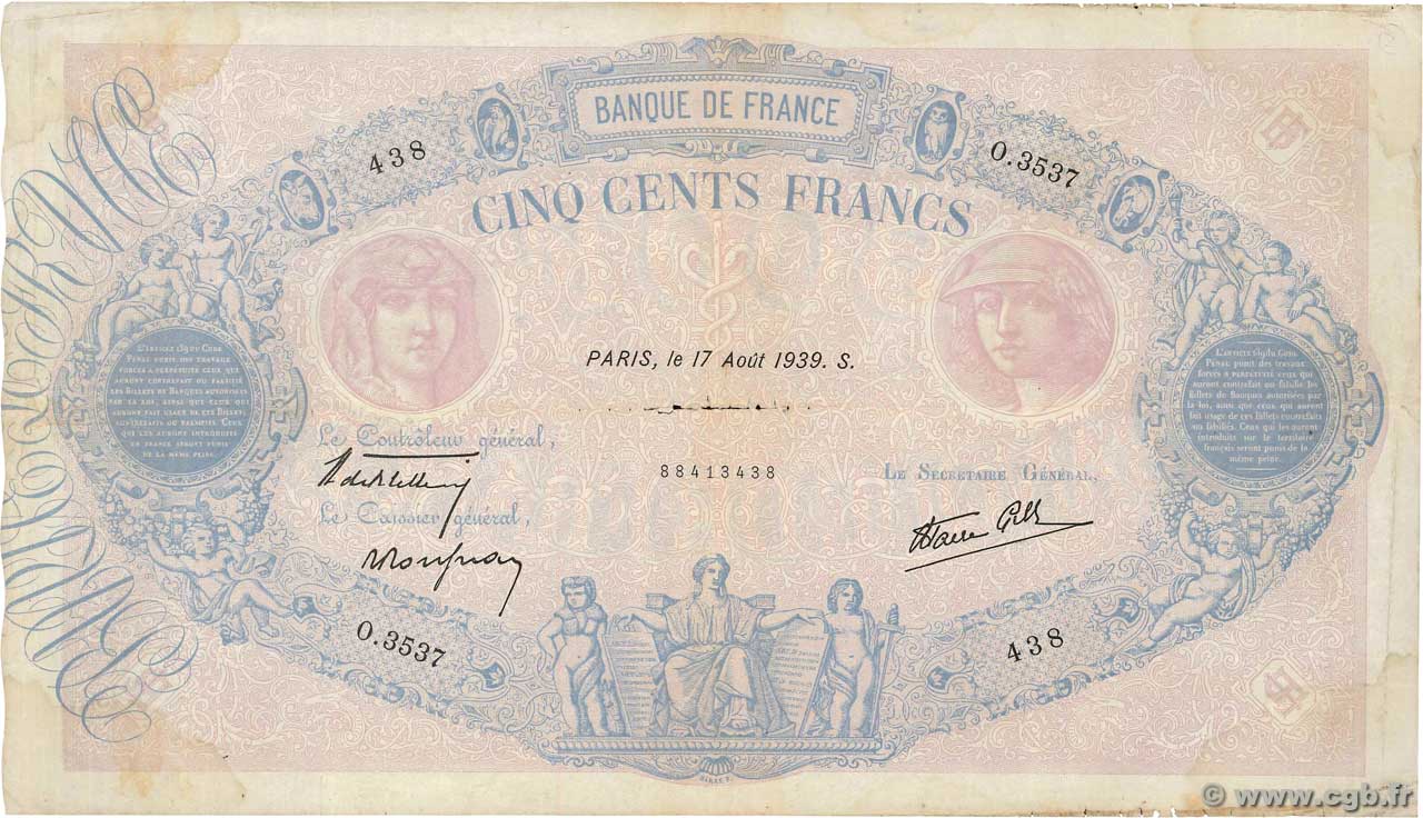 500 Francs BLEU ET ROSE modifié FRANCE  1939 F.31.38 B+