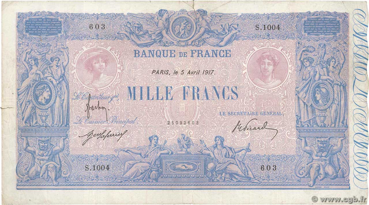 1000 Francs BLEU ET ROSE FRANCIA  1917 F.36.31 MB