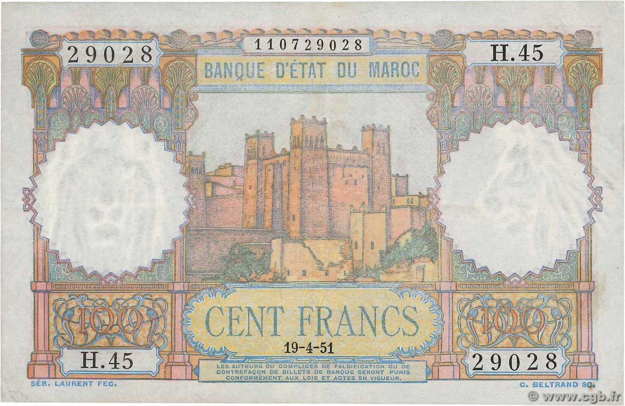 100 Francs MARUECOS  1951 P.45 MBC