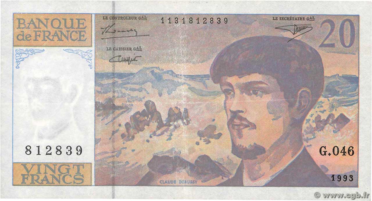 20 Francs DEBUSSY à fil de sécurité FRANCE  1993 F.66bis.05 TTB+