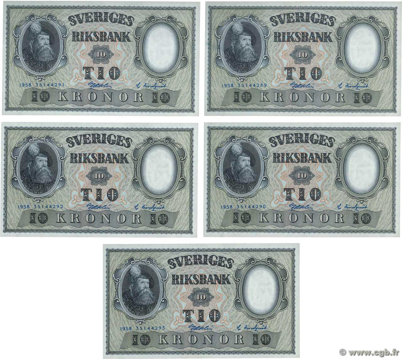 10 Kronor Consécutifs SUÈDE  1958 P.43f SC+