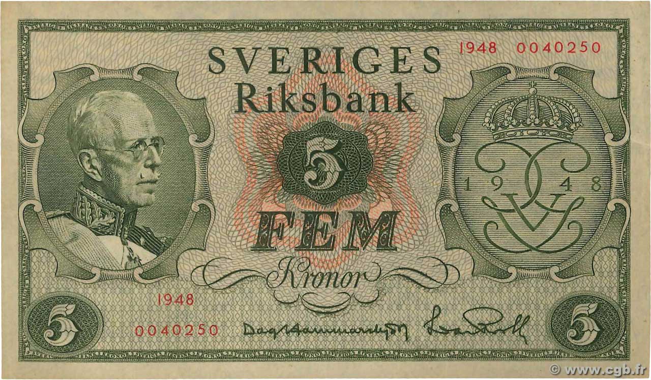 5 Kronor SUÈDE  1948 P.41a SUP+
