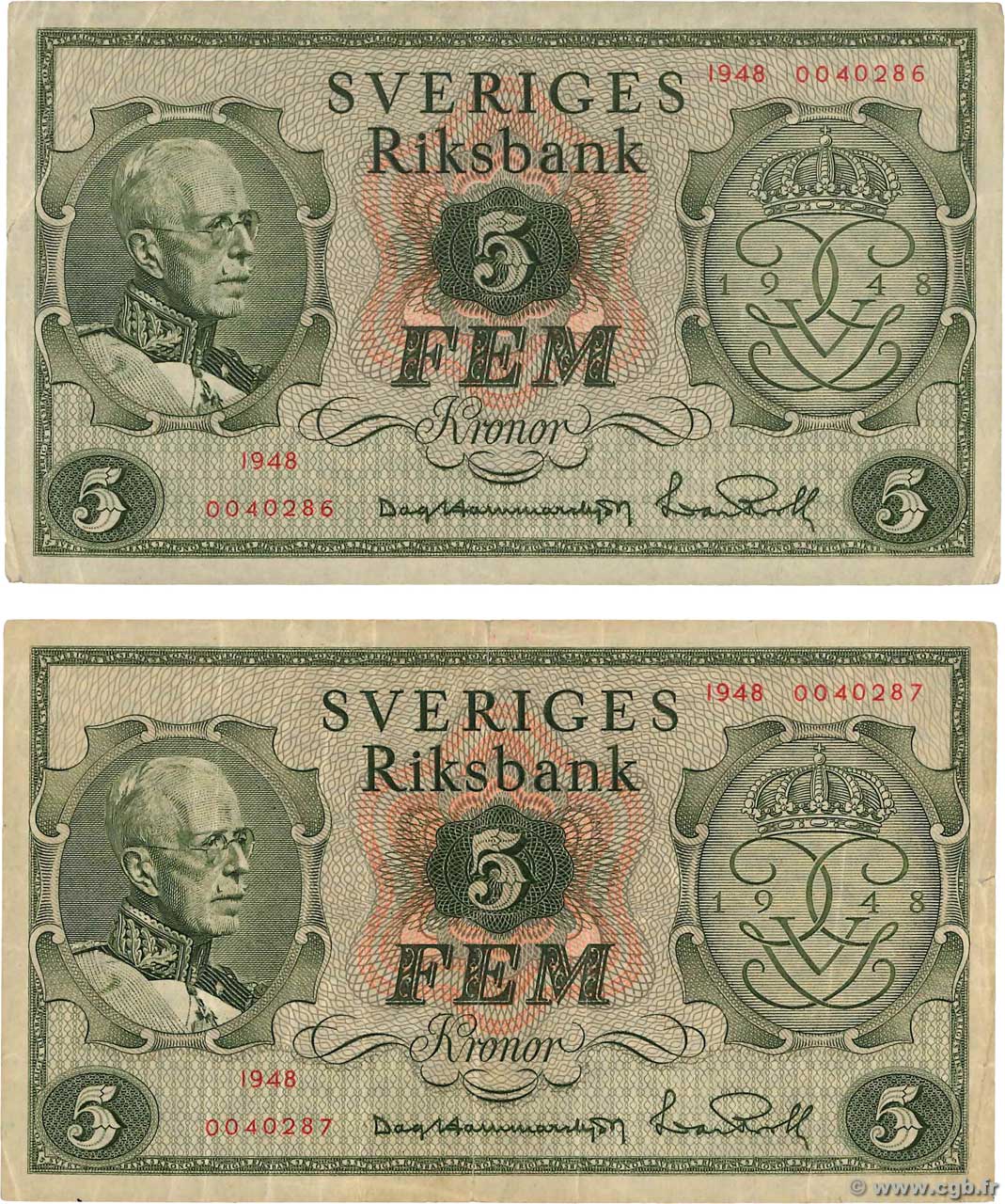 5 Kronor Consécutifs SUÈDE  1948 P.41a VF+