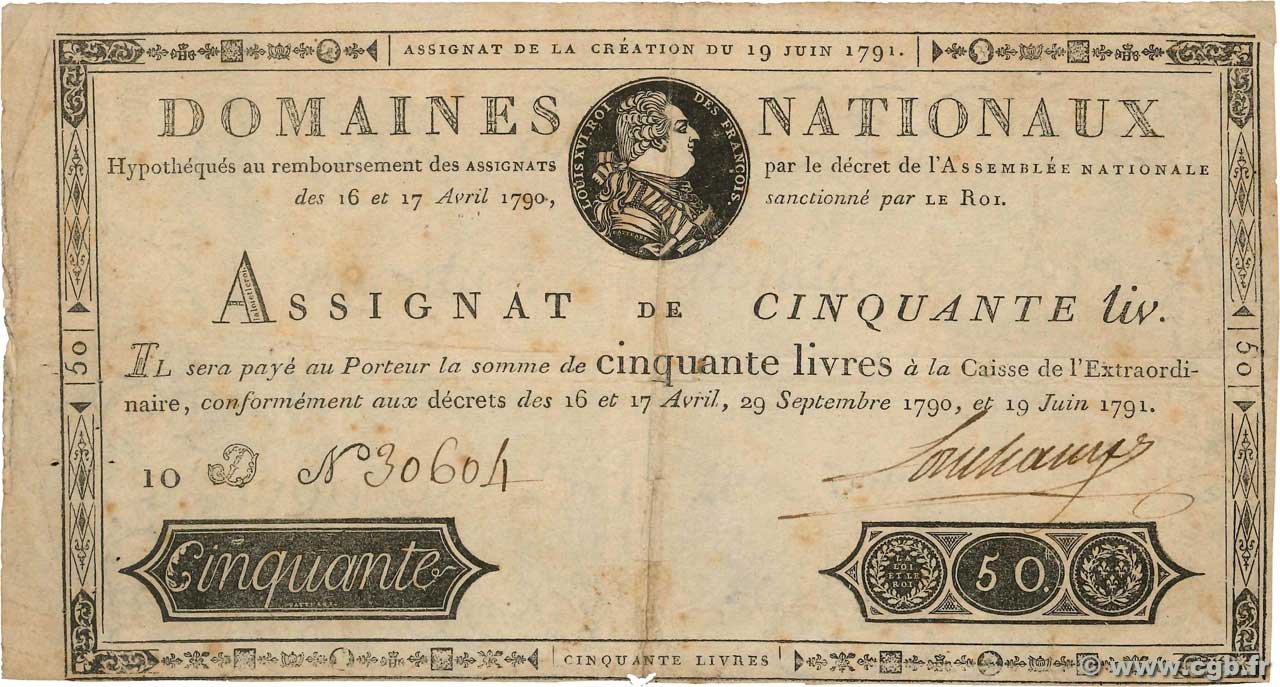 50 Livres FRANCE  1791 Ass.13a TB