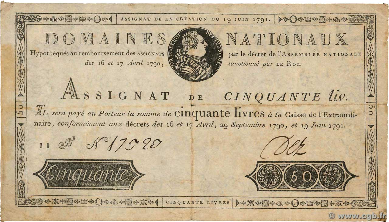 50 Livres FRANCIA  1791 Ass.13a MB