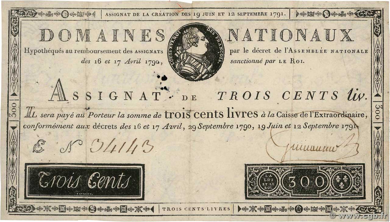 300 Livres FRANCE  1791 Ass.18a VF
