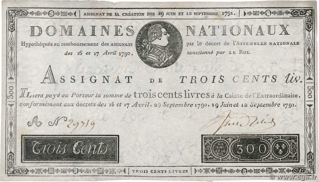 300 Livres Faux FRANCE  1791 Ass.18f VF+