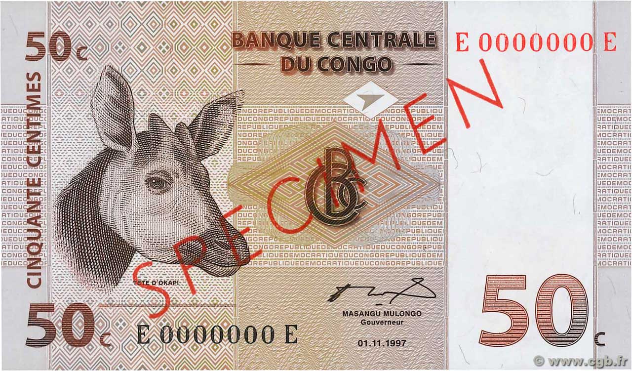50 Centimes Spécimen CONGO, DEMOCRATIQUE REPUBLIC  1997 P.084As UNC