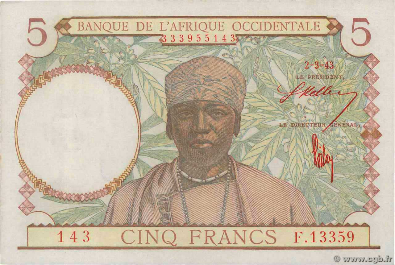 5 Francs FRENCH WEST AFRICA  1943 P.26 fST