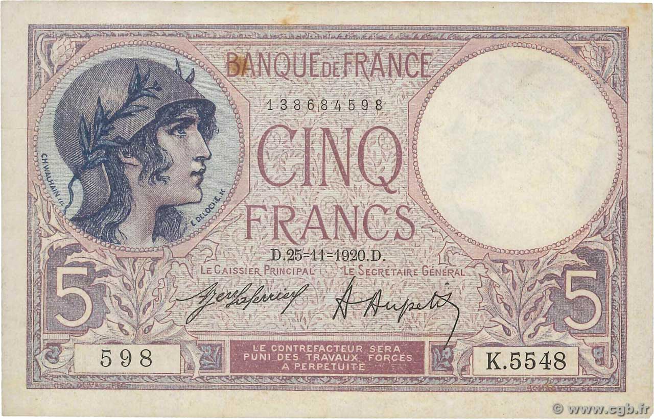 5 Francs FEMME CASQUÉE FRANKREICH  1920 F.03.04 VZ