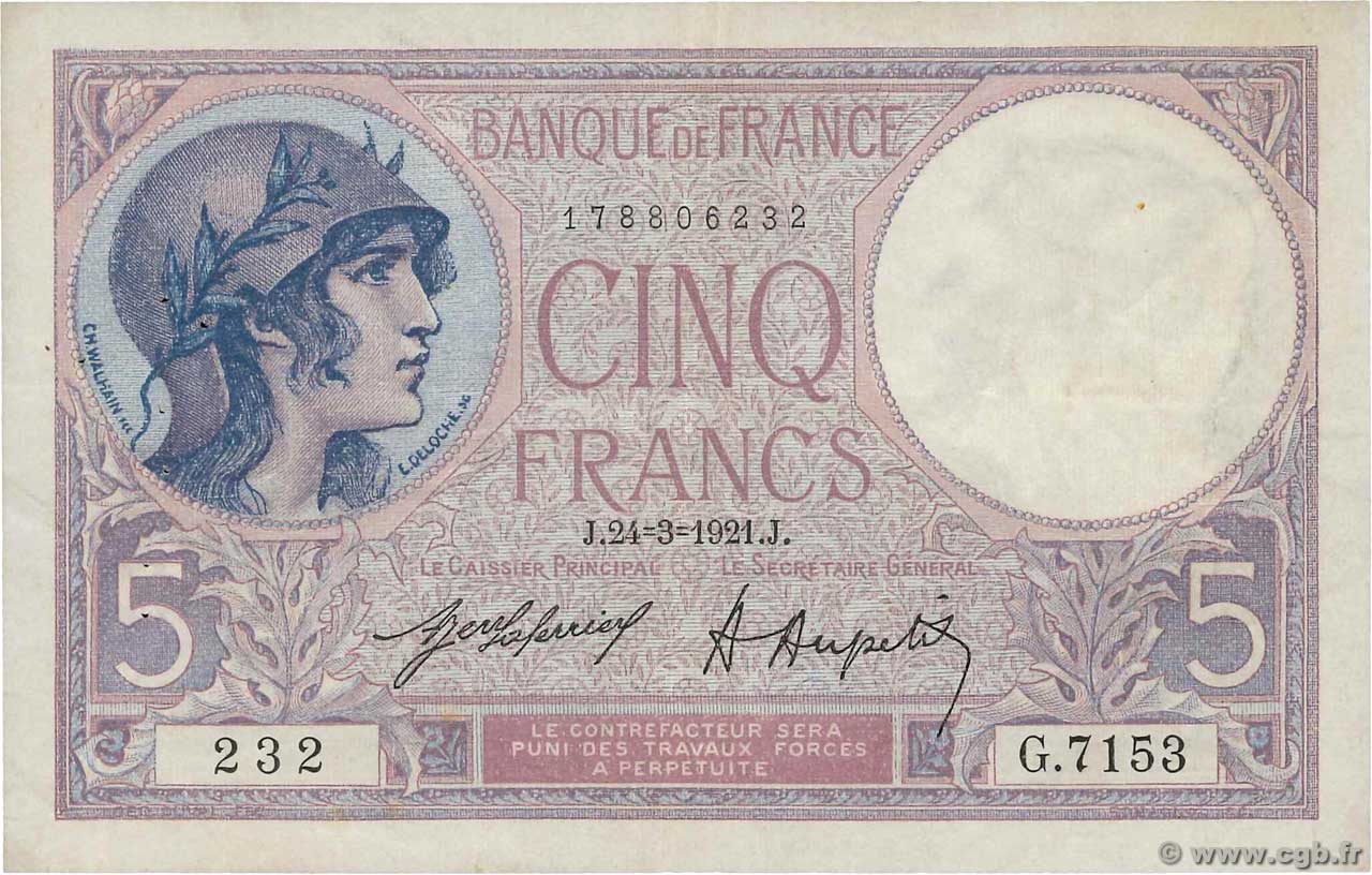 5 Francs FEMME CASQUÉE FRANCIA  1921 F.03.05 BB