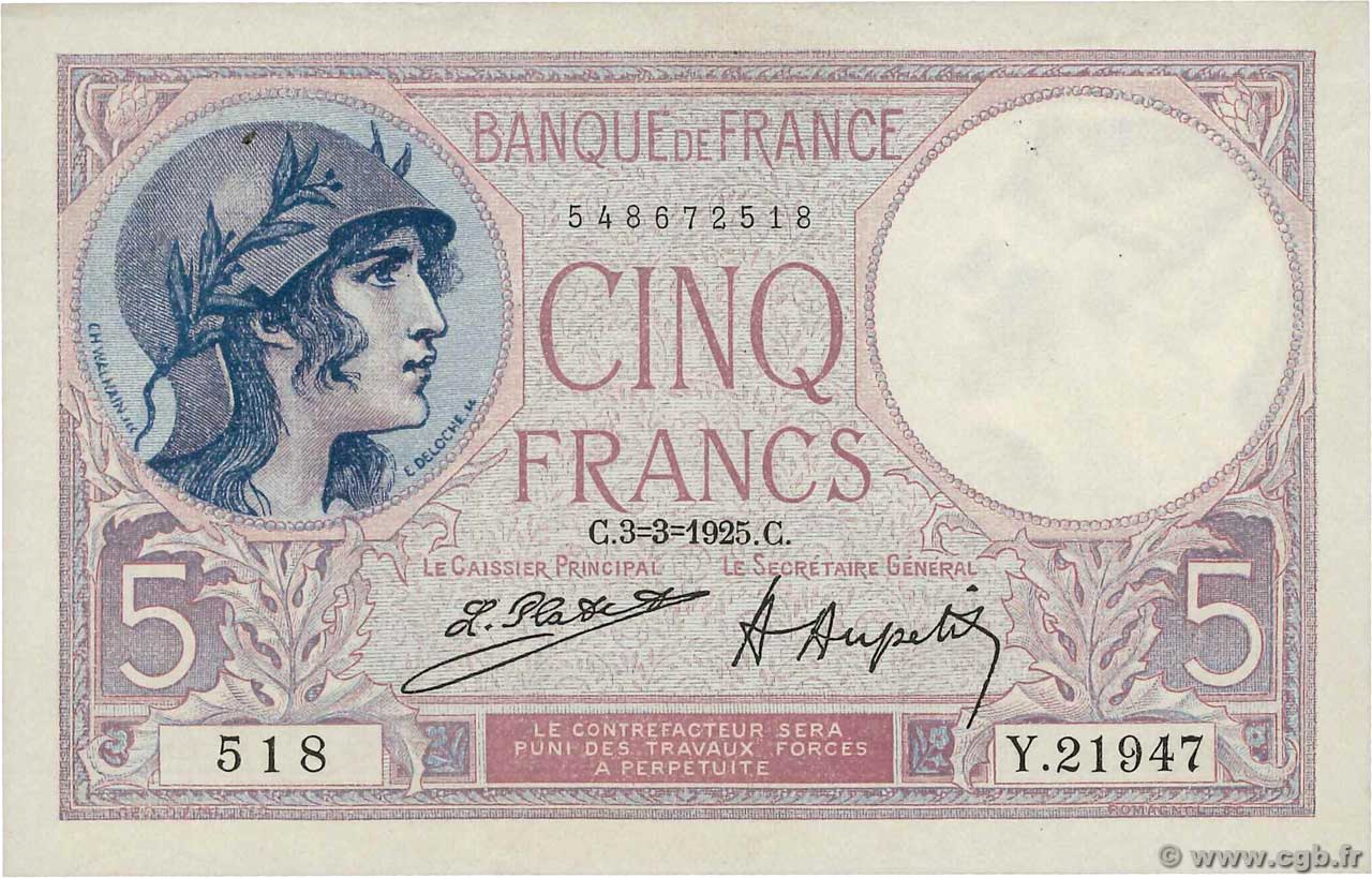 5 Francs FEMME CASQUÉE FRANCE  1925 F.03.09 SUP+