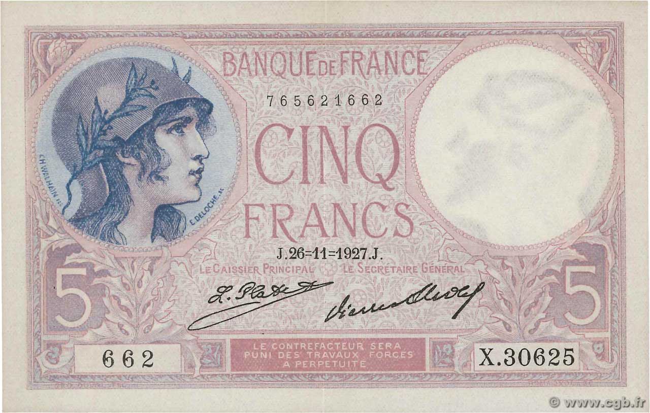 5 Francs FEMME CASQUÉE FRANCE  1927 F.03.11 SUP