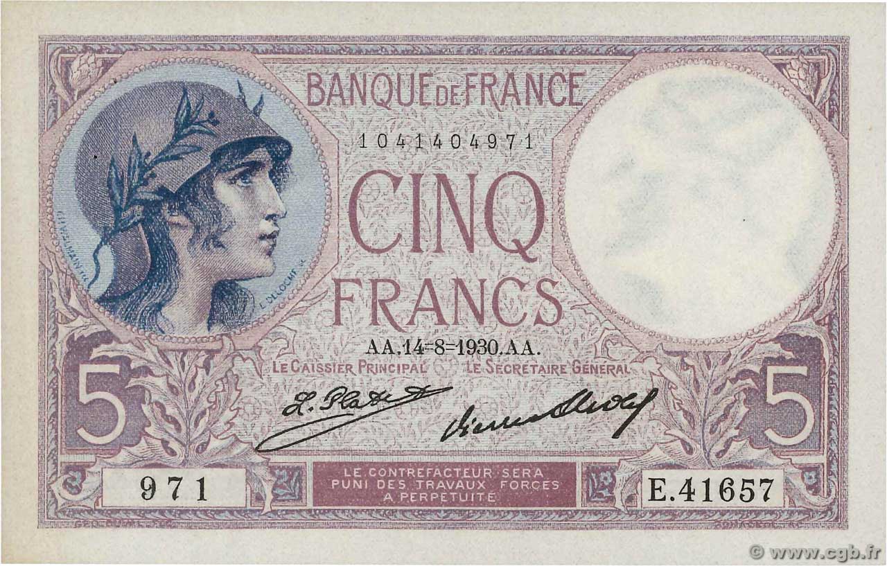 5 Francs FEMME CASQUÉE FRANCE  1930 F.03.14 AU-