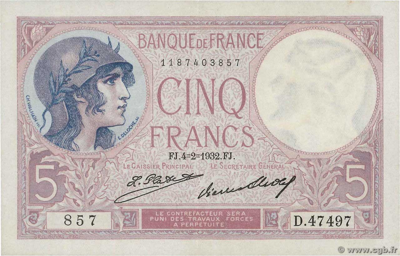 5 Francs FEMME CASQUÉE FRANCE  1932 F.03.16 XF+