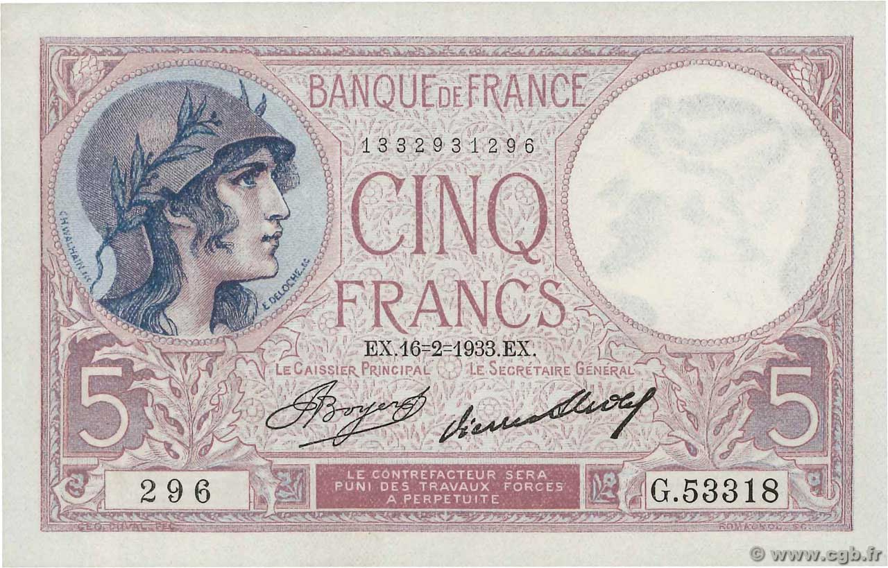 5 Francs FEMME CASQUÉE FRANCE  1933 F.03.17 pr.NEUF