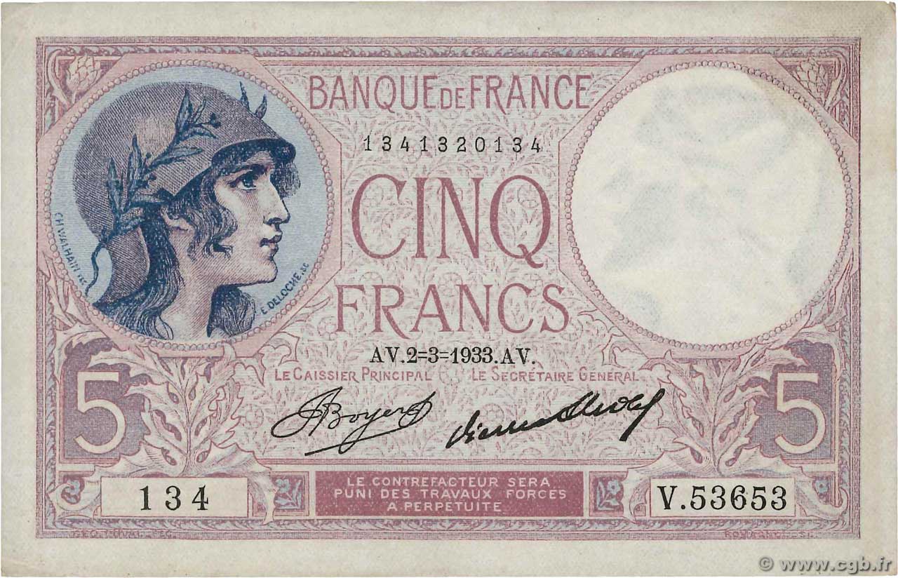 5 Francs FEMME CASQUÉE FRANCE  1933 F.03.17 pr.SUP