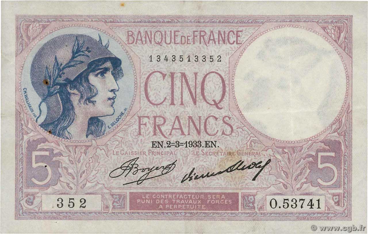 5 Francs FEMME CASQUÉE FRANCE  1933 F.03.17 TTB
