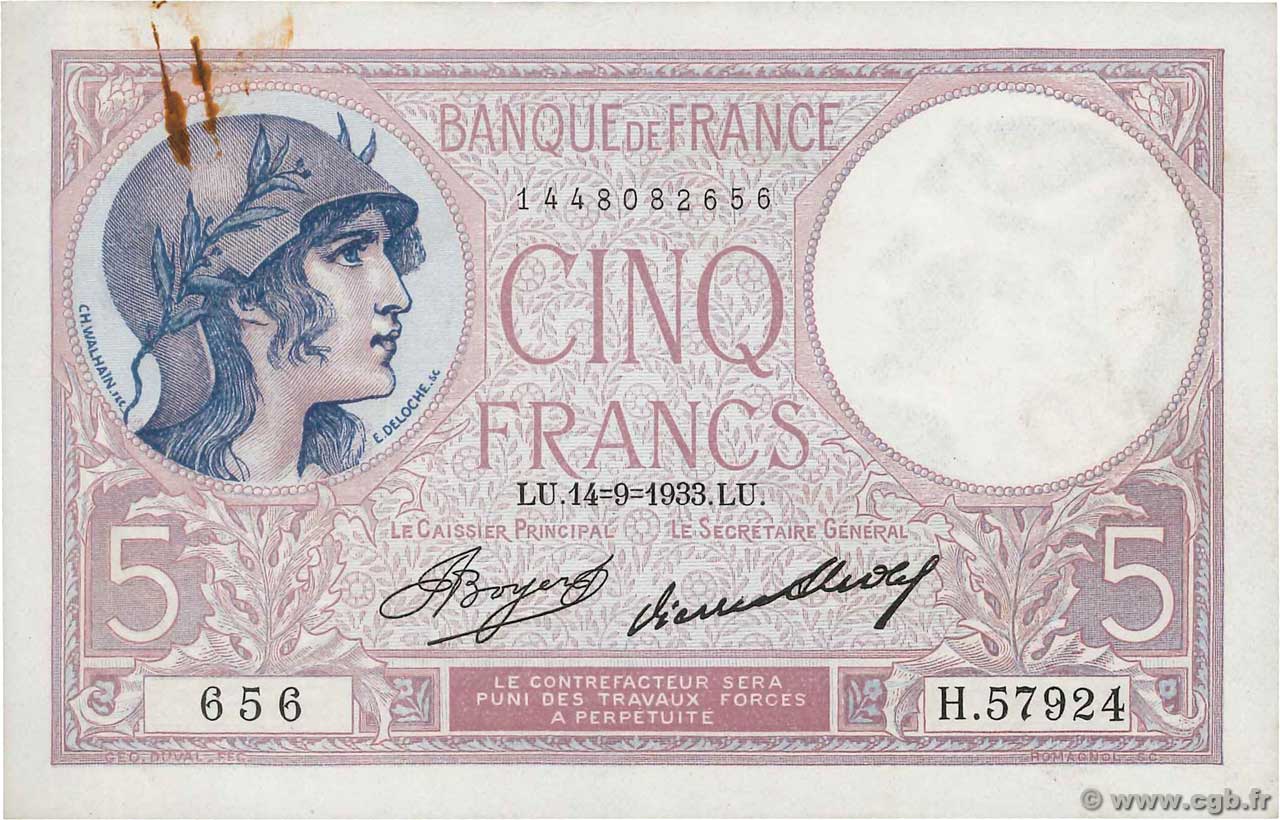 5 Francs FEMME CASQUÉE FRANCE  1933 F.03.17 TTB