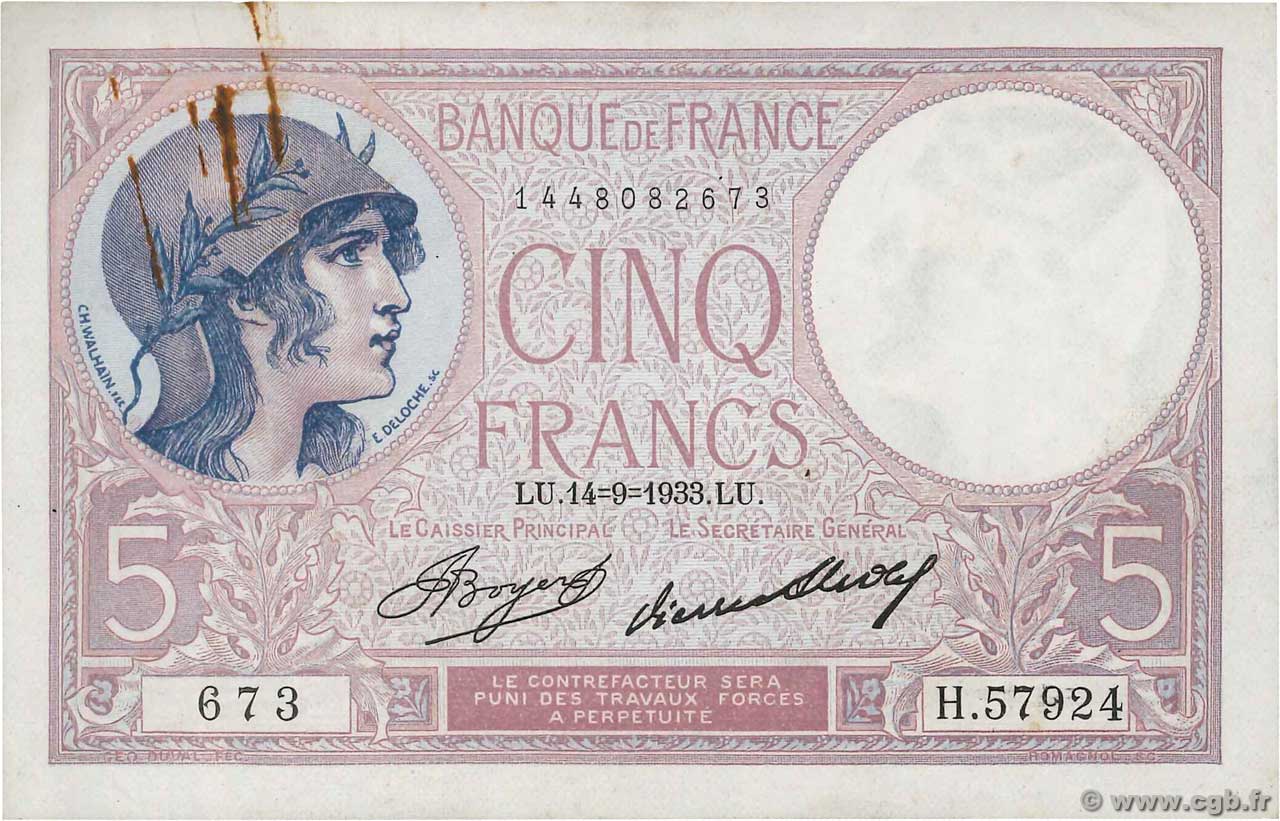 5 Francs FEMME CASQUÉE FRANCE  1933 F.03.17 TTB