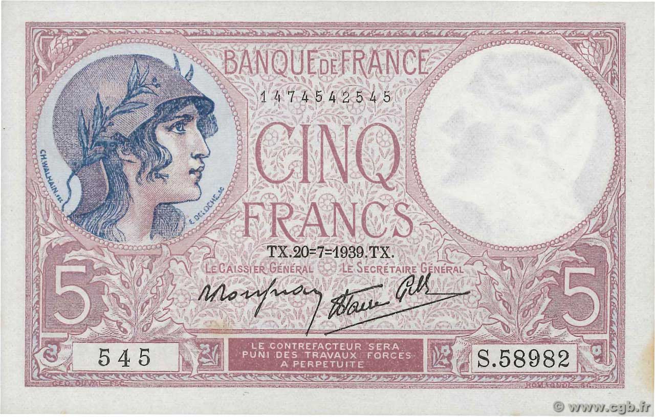 5 Francs FEMME CASQUÉE modifié FRANCE  1939 F.04.02 AU-