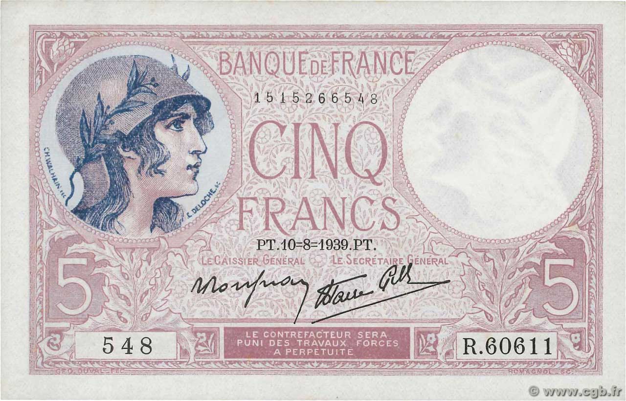 5 Francs FEMME CASQUÉE modifié FRANCE  1939 F.04.05 pr.NEUF