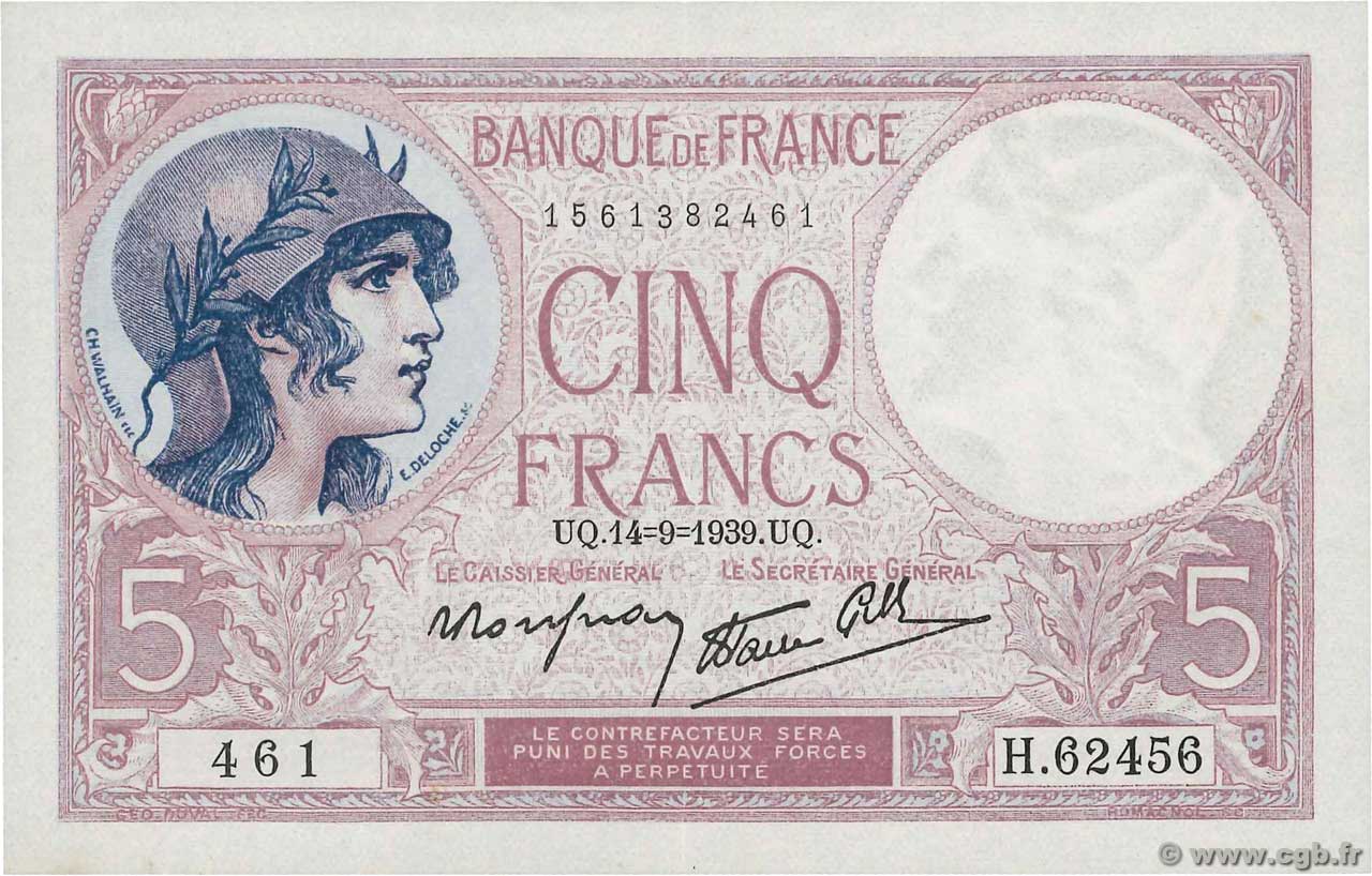 5 Francs FEMME CASQUÉE modifié FRANCE  1939 F.04.08 pr.SPL