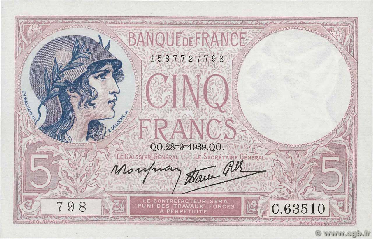 5 Francs FEMME CASQUÉE modifié FRANCIA  1939 F.04.10 FDC