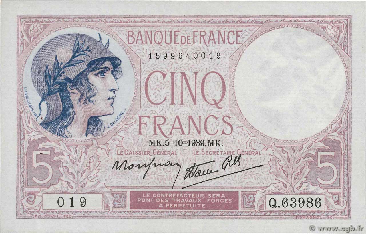 5 Francs FEMME CASQUÉE modifié FRANCE  1939 F.04.11 SUP