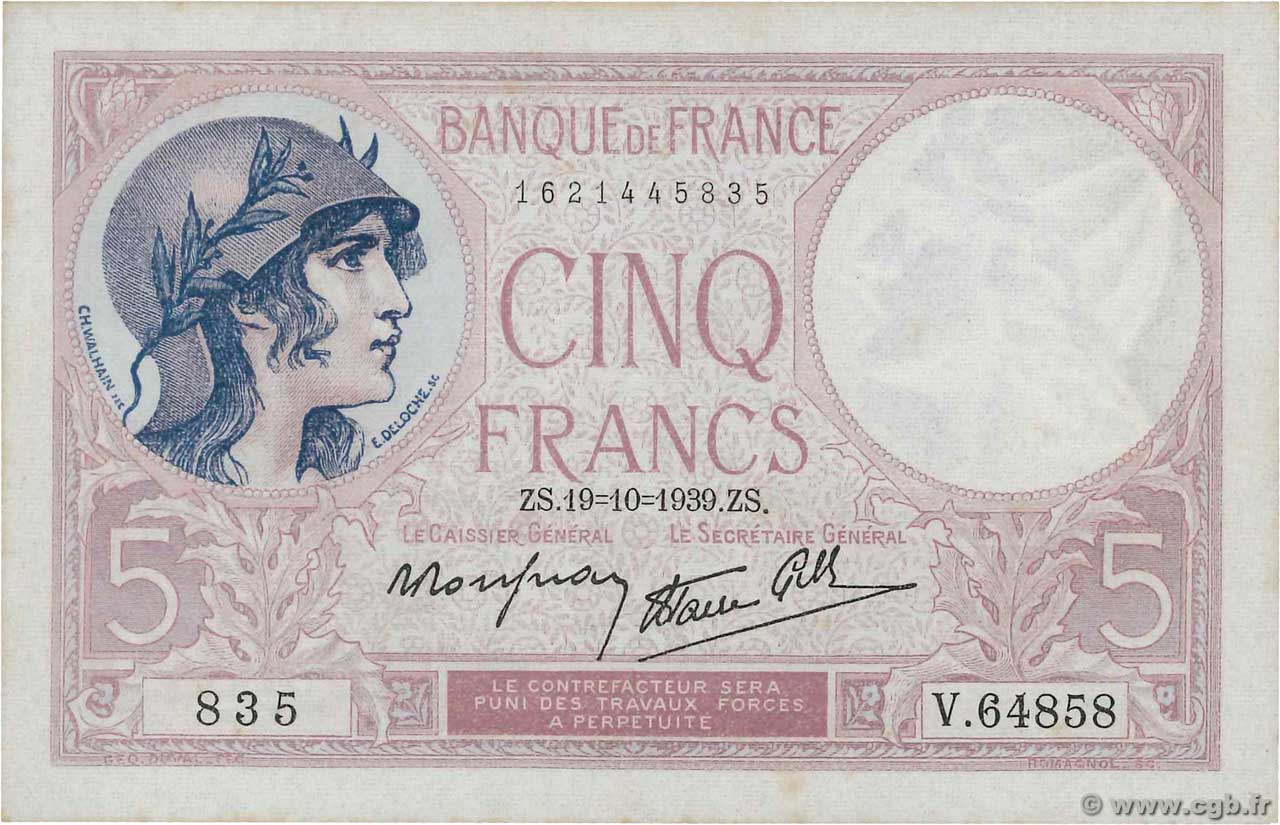 5 Francs FEMME CASQUÉE modifié FRANCE  1939 F.04.12 SPL