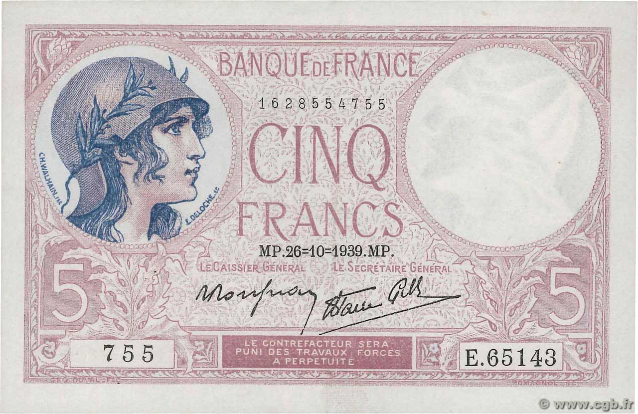 5 Francs FEMME CASQUÉE modifié FRANCIA  1939 F.04.13 q.AU