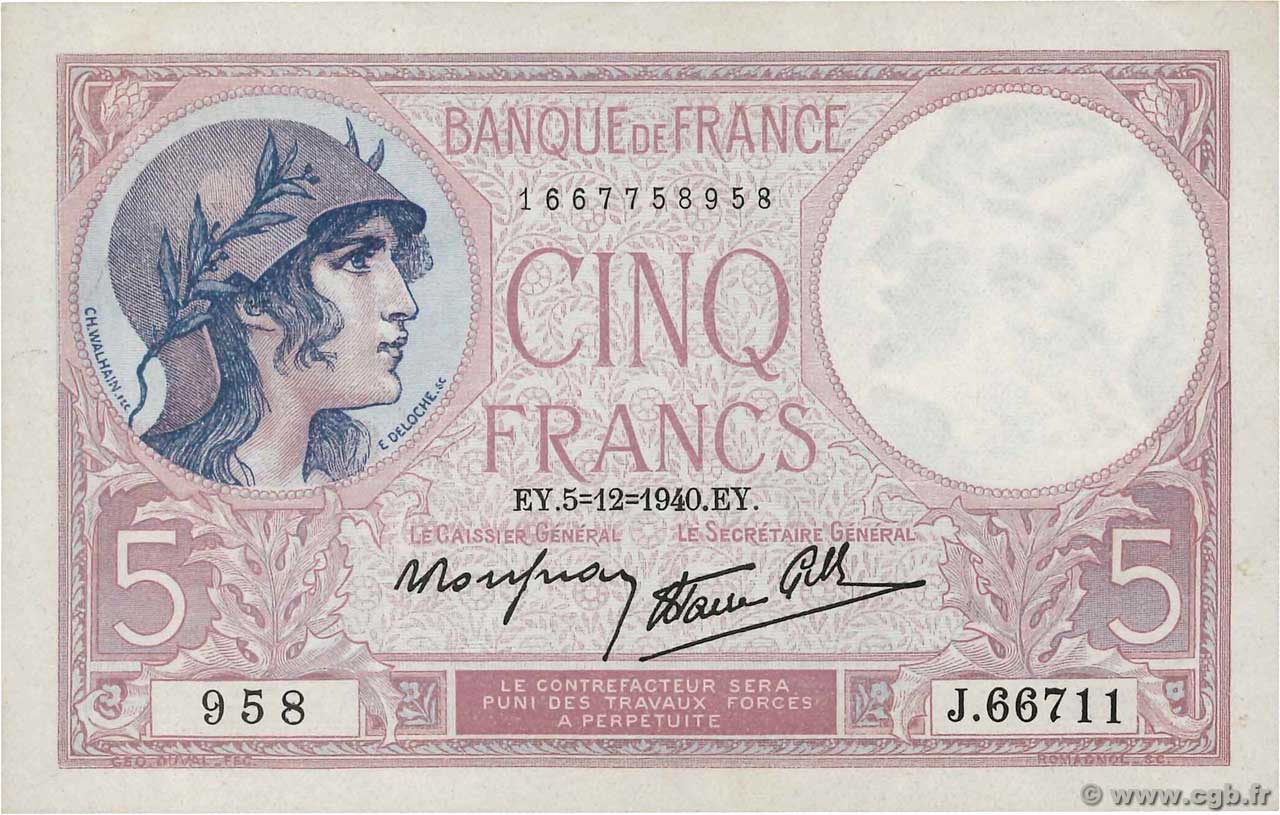 5 Francs FEMME CASQUÉE modifié FRANCE  1940 F.04.16 UNC-