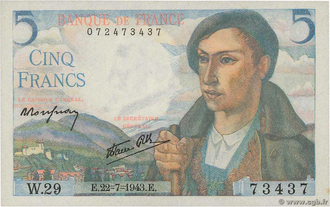 5 Francs BERGER Numéro RADAR FRANCIA  1943 F.05.02 SC+