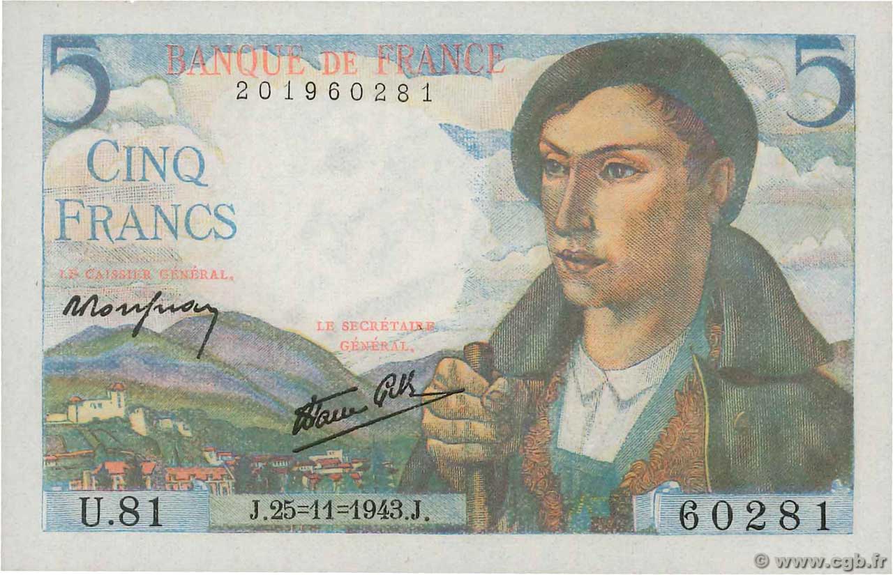 5 Francs BERGER FRANCE  1943 F.05.04 NEUF