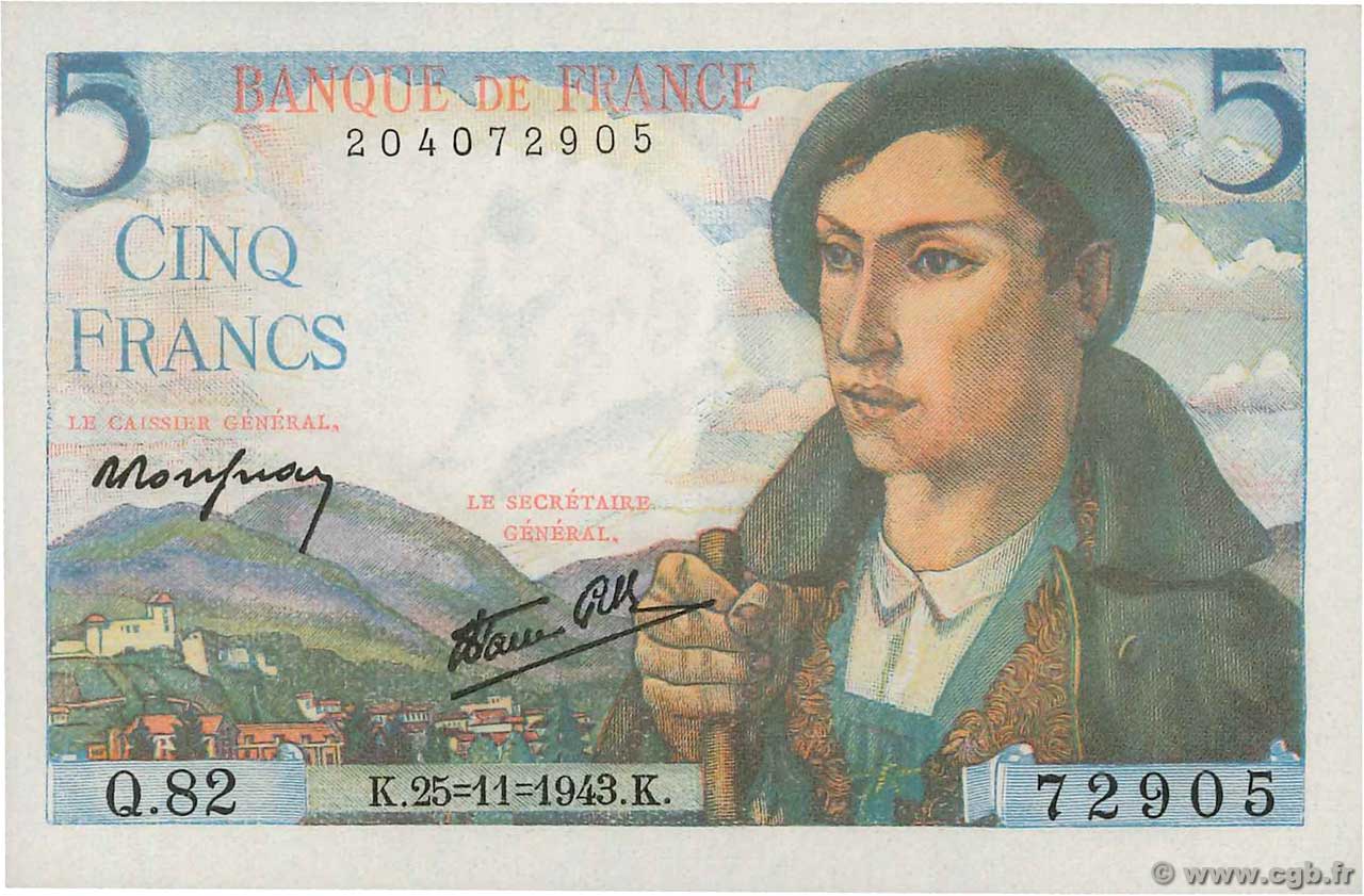 5 Francs BERGER FRANCE  1943 F.05.04 NEUF