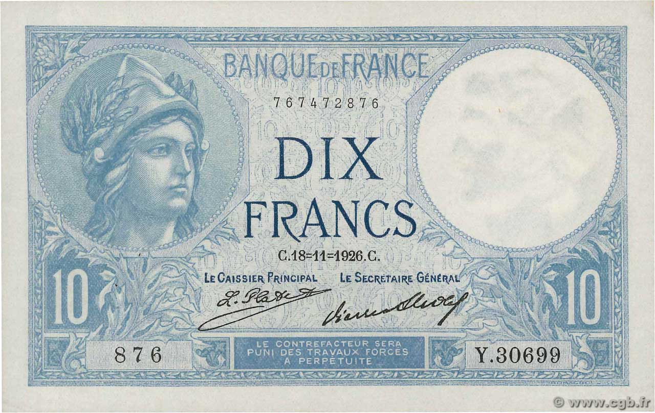 10 Francs MINERVE FRANCE  1926 F.06.11 XF+