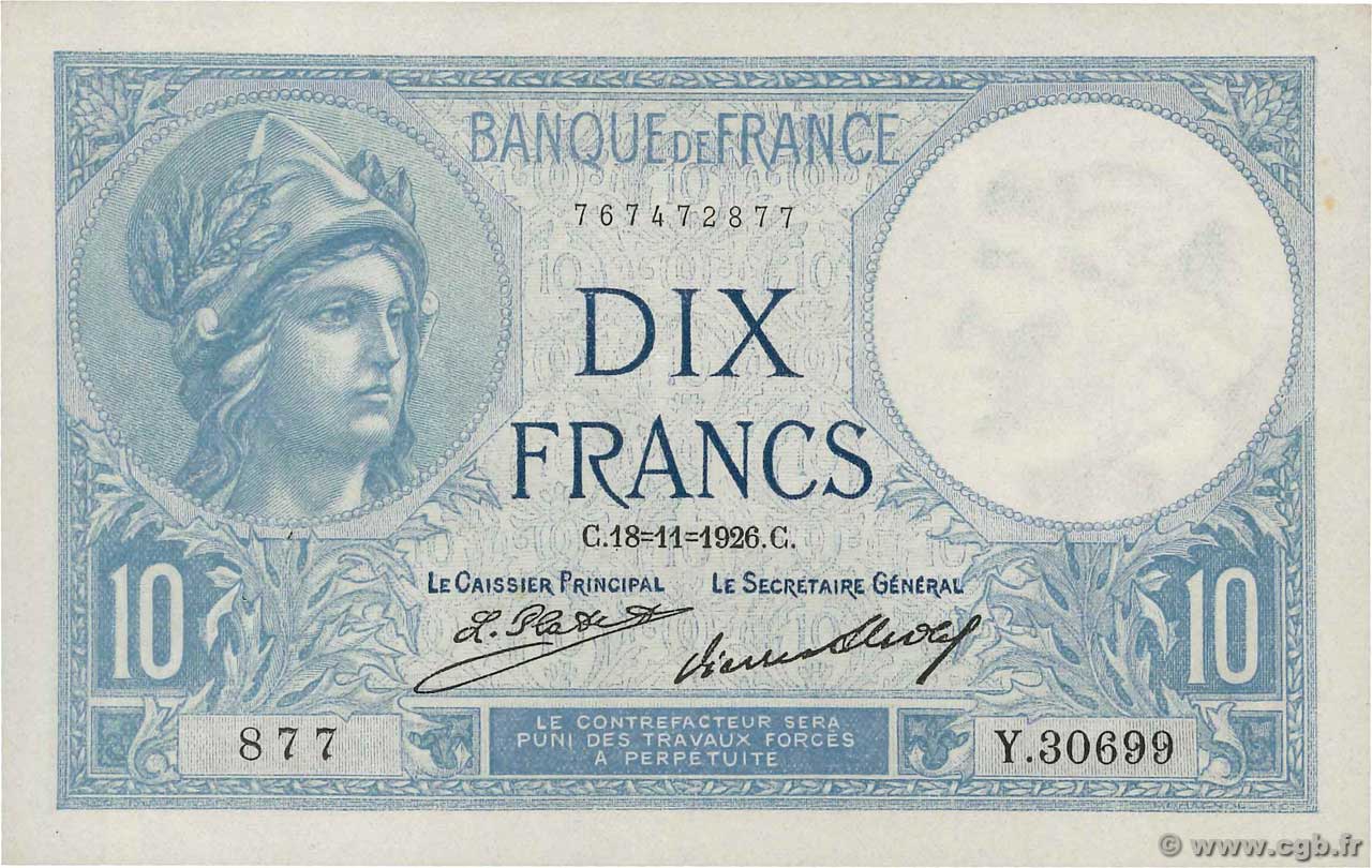 10 Francs MINERVE FRANCE  1926 F.06.11 pr.SPL