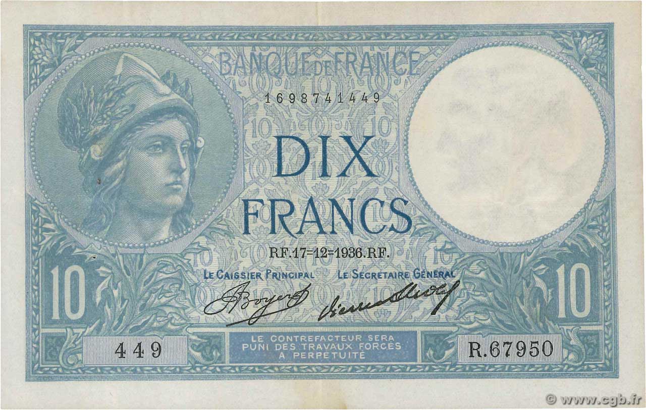 10 Francs MINERVE FRANCE  1936 F.06.17 TTB