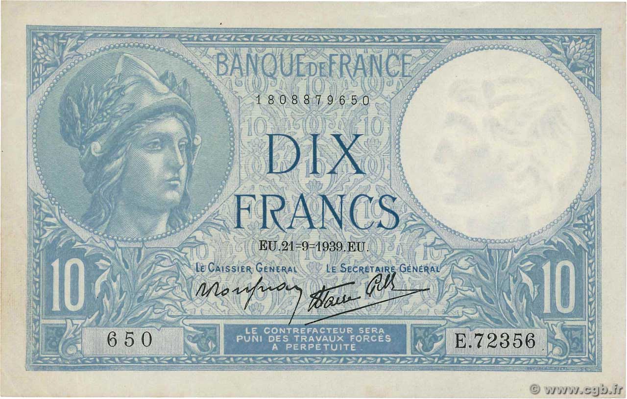 10 Francs MINERVE modifié FRANCE  1939 F.07.08 XF+