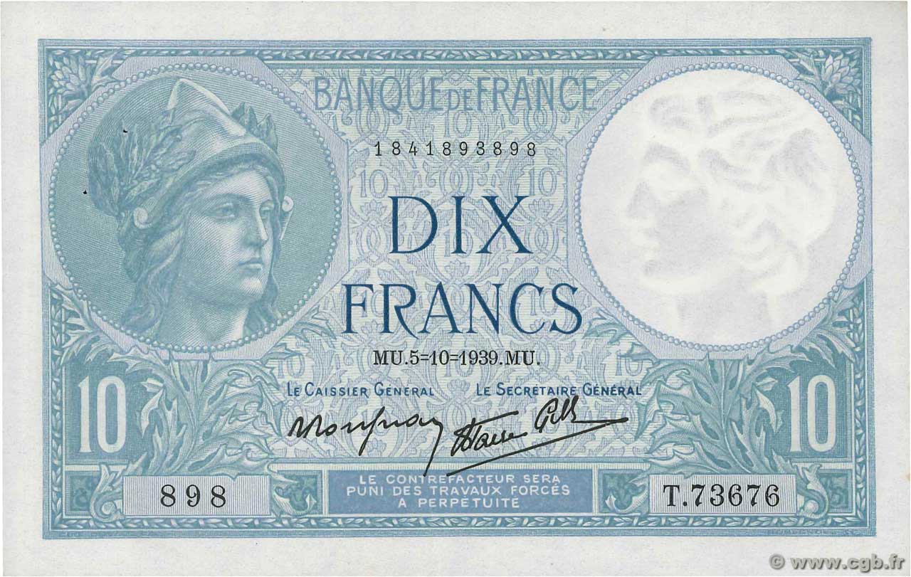 10 Francs MINERVE modifié FRANCE  1939 F.07.10 SUP+