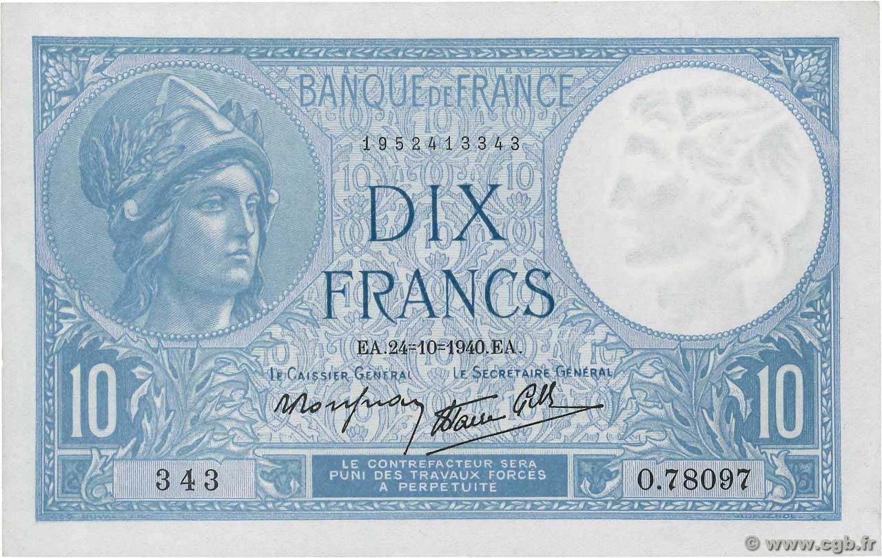 10 Francs MINERVE modifié FRANKREICH  1940 F.07.18 fST+