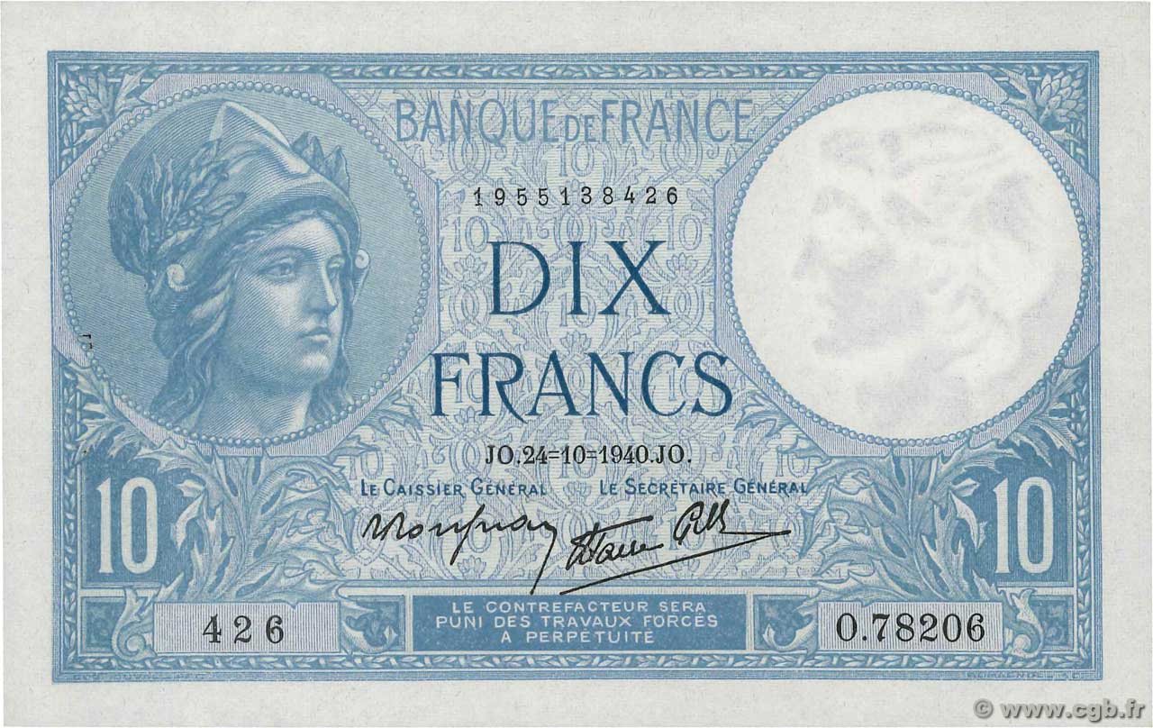 10 Francs MINERVE modifié FRANKREICH  1940 F.07.18 VZ+