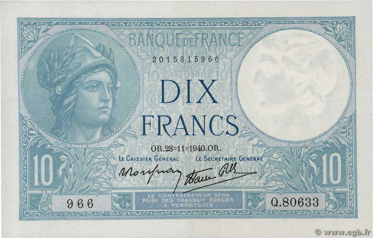 10 Francs MINERVE modifié FRANKREICH  1940 F.07.22 VZ+